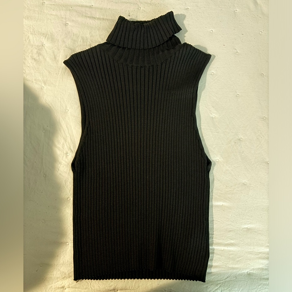 Black Sleeveless Ribbed Turtleneck Sweater